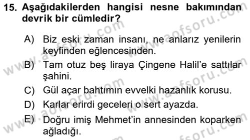 Türkçe Cümle Bilgisi 2 Dersi 2023 - 2024 Yılı (Final) Dönem Sonu Sınav Soruları 15. Soru