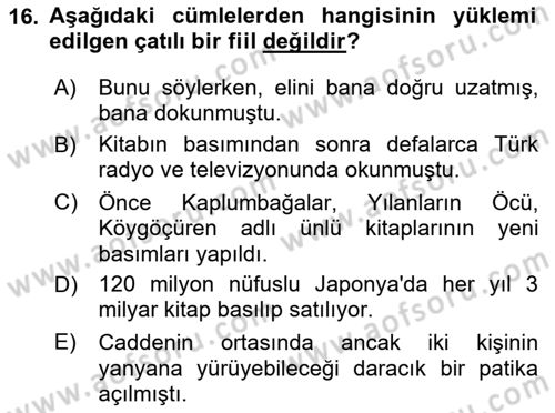 Türkçe Cümle Bilgisi 2 Dersi 2023 - 2024 Yılı (Final) Dönem Sonu Sınav Soruları 16. Soru
