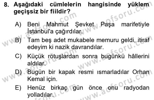 Türkçe Cümle Bilgisi 2 Dersi 2023 - 2024 Yılı (Final) Dönem Sonu Sınav Soruları 8. Soru
