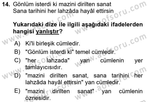 Türkçe Cümle Bilgisi 2 Dersi 2024 - 2025 Yılı (Vize) Ara Sınav Soruları 14. Soru