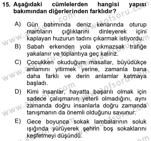 Türkçe Cümle Bilgisi 2 Dersi 2024 - 2025 Yılı (Vize) Ara Sınav Soruları 15. Soru