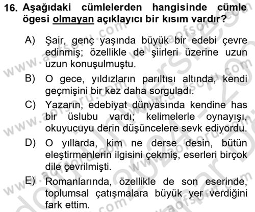 Türkçe Cümle Bilgisi 2 Dersi 2024 - 2025 Yılı (Vize) Ara Sınav Soruları 16. Soru