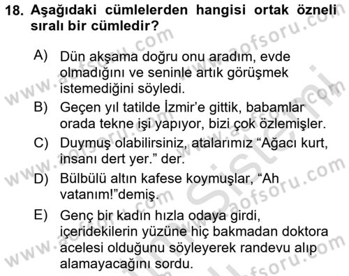 Türkçe Cümle Bilgisi 2 Dersi 2024 - 2025 Yılı (Vize) Ara Sınav Soruları 18. Soru