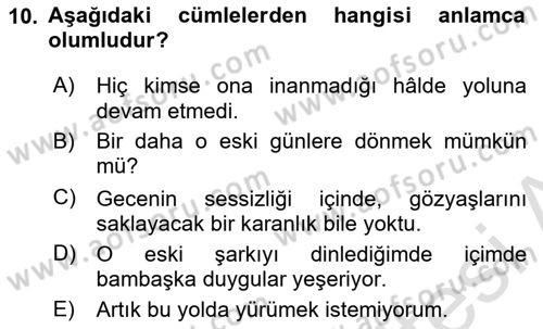 Türkçe Cümle Bilgisi 2 Dersi 2024 - 2025 Yılı (Final) Dönem Sonu Sınav Soruları 10. Soru