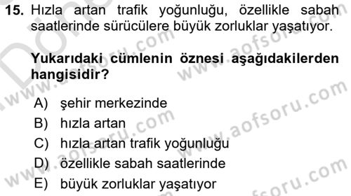 Türkçe Cümle Bilgisi 2 Dersi 2024 - 2025 Yılı (Final) Dönem Sonu Sınav Soruları 15. Soru