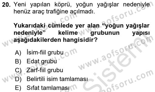Türkçe Cümle Bilgisi 2 Dersi 2024 - 2025 Yılı (Final) Dönem Sonu Sınav Soruları 20. Soru