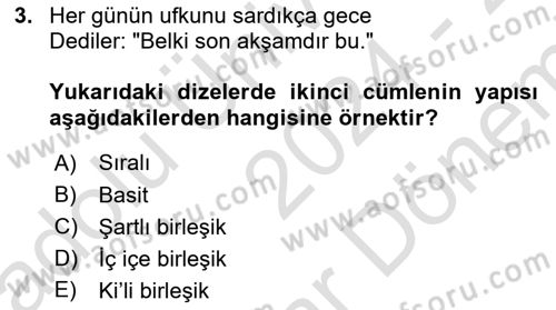 Türkçe Cümle Bilgisi 2 Dersi 2024 - 2025 Yılı (Final) Dönem Sonu Sınav Soruları 3. Soru