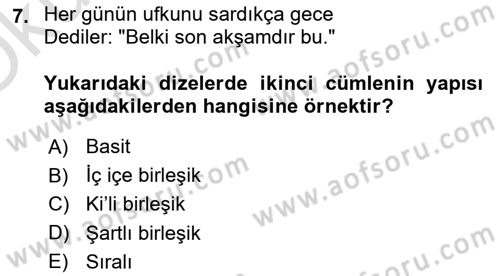 Türkçe Cümle Bilgisi 2 Dersi 2024 - 2025 Yılı Yaz Okulu Sınav Soruları 7. Soru