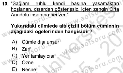 Türkçe Cümle Bilgisi 2 Dersi 2025 - 2026 Yılı (Vize) Ara Sınav Soruları 10. Soru