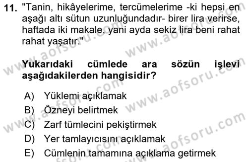 Türkçe Cümle Bilgisi 2 Dersi 2025 - 2026 Yılı (Vize) Ara Sınav Soruları 11. Soru
