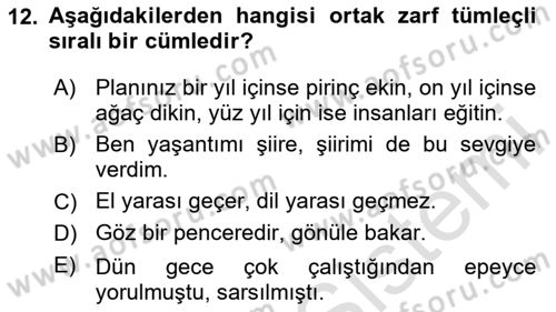 Türkçe Cümle Bilgisi 2 Dersi 2025 - 2026 Yılı (Vize) Ara Sınav Soruları 12. Soru