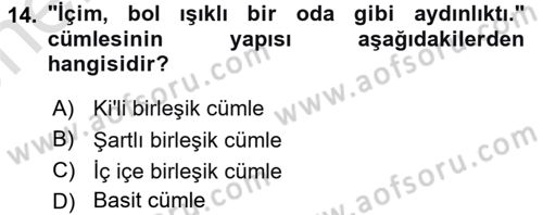 Türkçe Cümle Bilgisi 2 Dersi 2025 - 2026 Yılı (Vize) Ara Sınav Soruları 14. Soru
