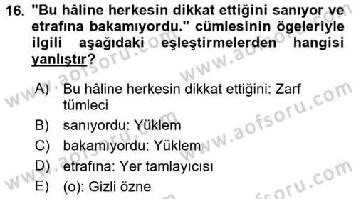 Türkçe Cümle Bilgisi 2 Dersi 2025 - 2026 Yılı (Vize) Ara Sınav Soruları 16. Soru