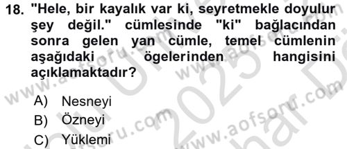 Türkçe Cümle Bilgisi 2 Dersi 2025 - 2026 Yılı (Vize) Ara Sınav Soruları 18. Soru