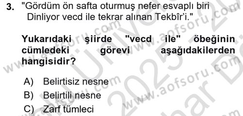Türkçe Cümle Bilgisi 2 Dersi 2025 - 2026 Yılı (Vize) Ara Sınav Soruları 3. Soru