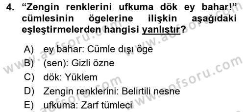 Türkçe Cümle Bilgisi 2 Dersi 2025 - 2026 Yılı (Vize) Ara Sınav Soruları 4. Soru