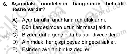 Türkçe Cümle Bilgisi 2 Dersi 2025 - 2026 Yılı (Vize) Ara Sınav Soruları 6. Soru