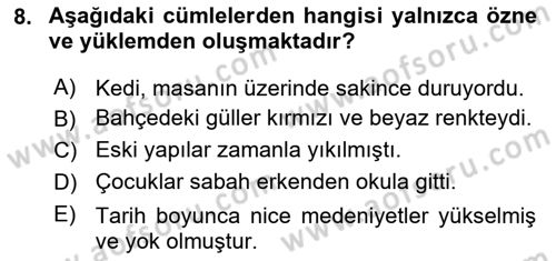 Türkçe Cümle Bilgisi 2 Dersi 2025 - 2026 Yılı (Vize) Ara Sınav Soruları 8. Soru