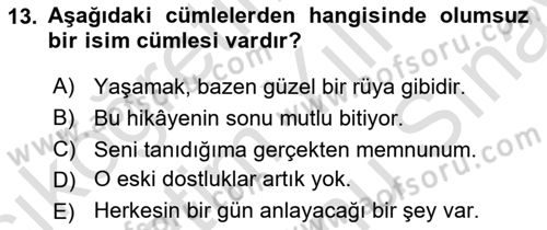 Türkçe Cümle Bilgisi 2 Dersi 2025 - 2026 Yılı (Final) Dönem Sonu Sınav Soruları 13. Soru