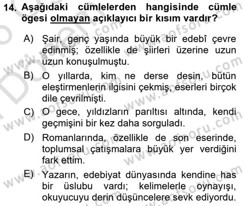 Türkçe Cümle Bilgisi 2 Dersi 2025 - 2026 Yılı (Final) Dönem Sonu Sınav Soruları 14. Soru