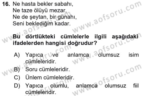 Türkçe Cümle Bilgisi 2 Dersi 2025 - 2026 Yılı (Final) Dönem Sonu Sınav Soruları 16. Soru