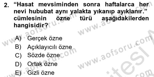 Türkçe Cümle Bilgisi 2 Dersi 2025 - 2026 Yılı (Final) Dönem Sonu Sınav Soruları 2. Soru