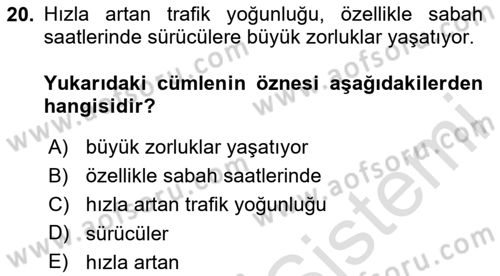 Türkçe Cümle Bilgisi 2 Dersi 2025 - 2026 Yılı (Final) Dönem Sonu Sınav Soruları 20. Soru