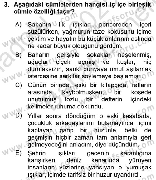 Türkçe Cümle Bilgisi 2 Dersi 2025 - 2026 Yılı (Final) Dönem Sonu Sınav Soruları 3. Soru