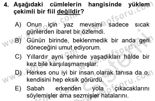 Türkçe Cümle Bilgisi 2 Dersi 2025 - 2026 Yılı (Final) Dönem Sonu Sınav Soruları 4. Soru