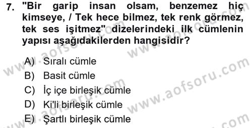 Türkçe Cümle Bilgisi 2 Dersi 2025 - 2026 Yılı (Final) Dönem Sonu Sınav Soruları 7. Soru