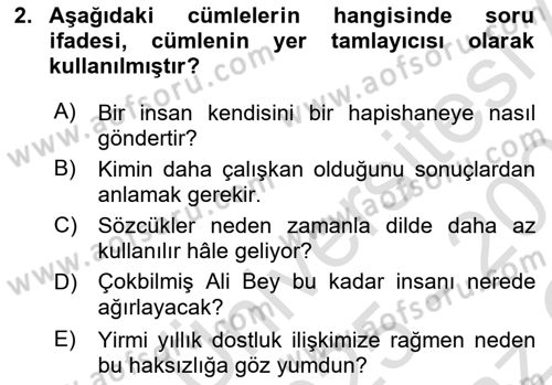 Türkçe Cümle Bilgisi 2 Dersi 2025 - 2026 Yılı Yaz Okulu Sınav Soruları 2. Soru