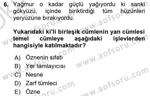 Türkçe Cümle Bilgisi 2 Dersi 2025 - 2026 Yılı Yaz Okulu Sınav Soruları 6. Soru