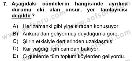 Türkçe Cümle Bilgisi 2 Dersi 2025 - 2026 Yılı Yaz Okulu Sınav Soruları 7. Soru