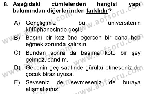 Türkçe Cümle Bilgisi 2 Dersi 2025 - 2026 Yılı Yaz Okulu Sınav Soruları 8. Soru