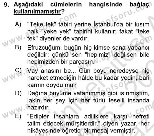 Türkçe Cümle Bilgisi 2 Dersi 2025 - 2026 Yılı Yaz Okulu Sınav Soruları 9. Soru