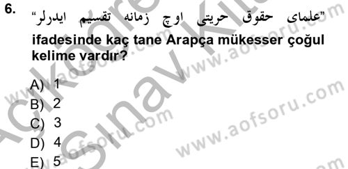 Osmanlı Türkçesi Grameri 1 Dersi Ara Sınavı Deneme Sınav Soruları 6. Soru