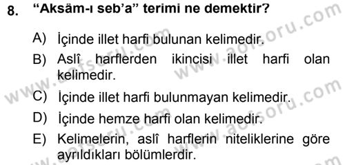 Osmanlı Türkçesi Grameri 1 Dersi Ara Sınavı Deneme Sınav Soruları 8. Soru