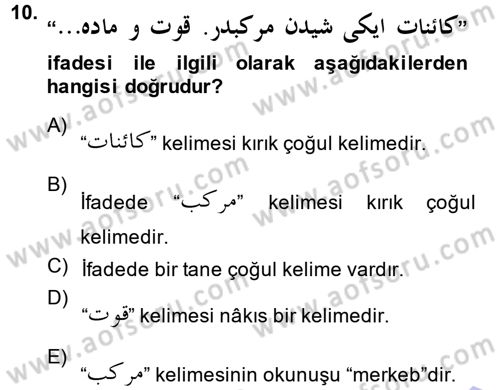 Osmanlı Türkçesi Grameri 1 Dersi Ara Sınavı Deneme Sınav Soruları 10. Soru