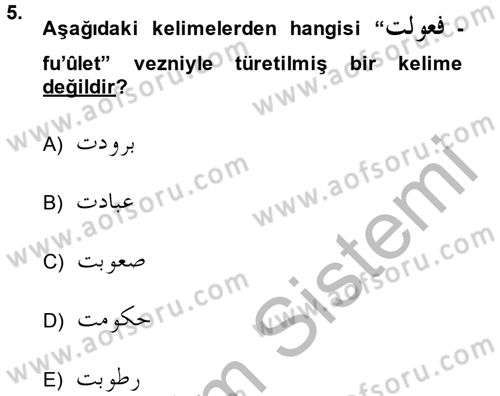 Osmanlı Türkçesi Grameri 1 Dersi 2014 - 2015 Yılı (Final) Dönem Sonu Sınav Soruları 5. Soru