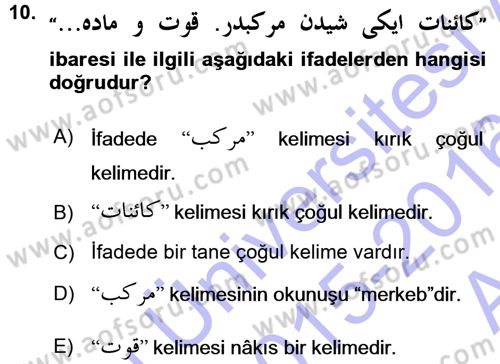 Osmanlı Türkçesi Grameri 1 Dersi Ara Sınavı Deneme Sınav Soruları 10. Soru