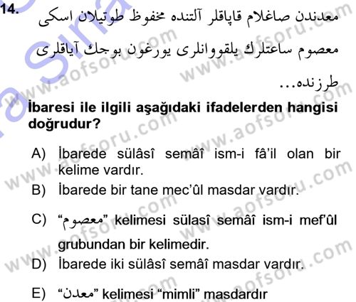 Osmanlı Türkçesi Grameri 1 Dersi Ara Sınavı Deneme Sınav Soruları 14. Soru