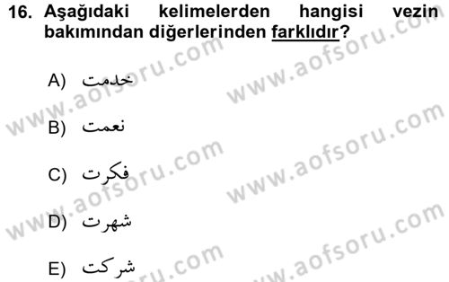Osmanlı Türkçesi Grameri 1 Dersi Ara Sınavı Deneme Sınav Soruları 16. Soru