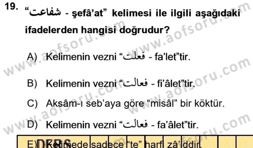 Osmanlı Türkçesi Grameri 1 Dersi Ara Sınavı Deneme Sınav Soruları 19. Soru