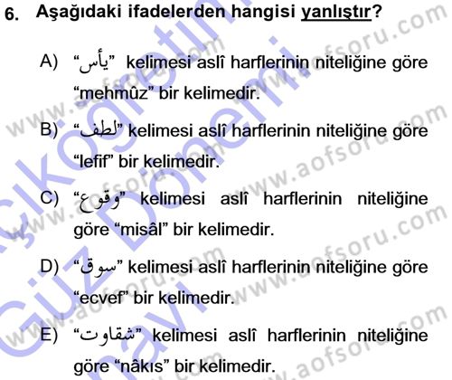 Osmanlı Türkçesi Grameri 1 Dersi Ara Sınavı Deneme Sınav Soruları 6. Soru