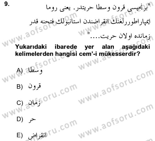 Osmanlı Türkçesi Grameri 1 Dersi Ara Sınavı Deneme Sınav Soruları 9. Soru