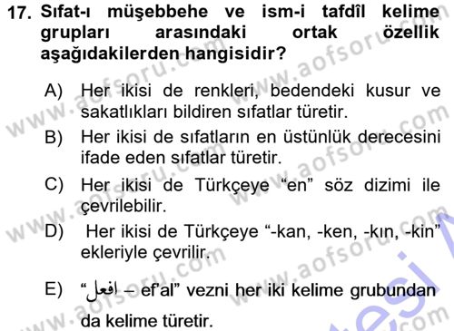 Osmanlı Türkçesi Grameri 1 Dersi 2015 - 2016 Yılı (Final) Dönem Sonu Sınav Soruları 17. Soru