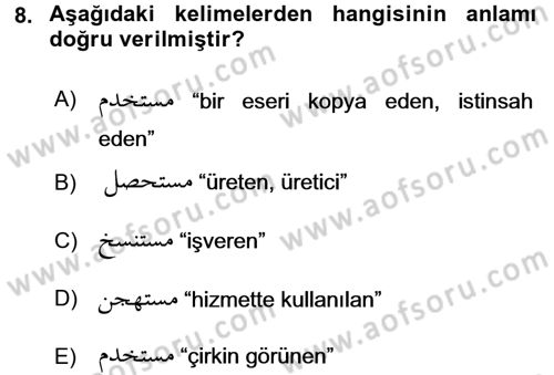 Osmanlı Türkçesi Grameri 1 Dersi 2015 - 2016 Yılı (Final) Dönem Sonu Sınav Soruları 8. Soru