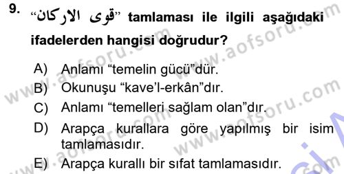 Osmanlı Türkçesi Grameri 1 Dersi 2015 - 2016 Yılı (Final) Dönem Sonu Sınav Soruları 9. Soru