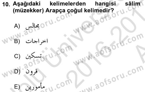 Osmanlı Türkçesi Grameri 1 Dersi Ara Sınavı Deneme Sınav Soruları 10. Soru