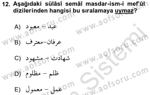Osmanlı Türkçesi Grameri 1 Dersi Ara Sınavı Deneme Sınav Soruları 12. Soru